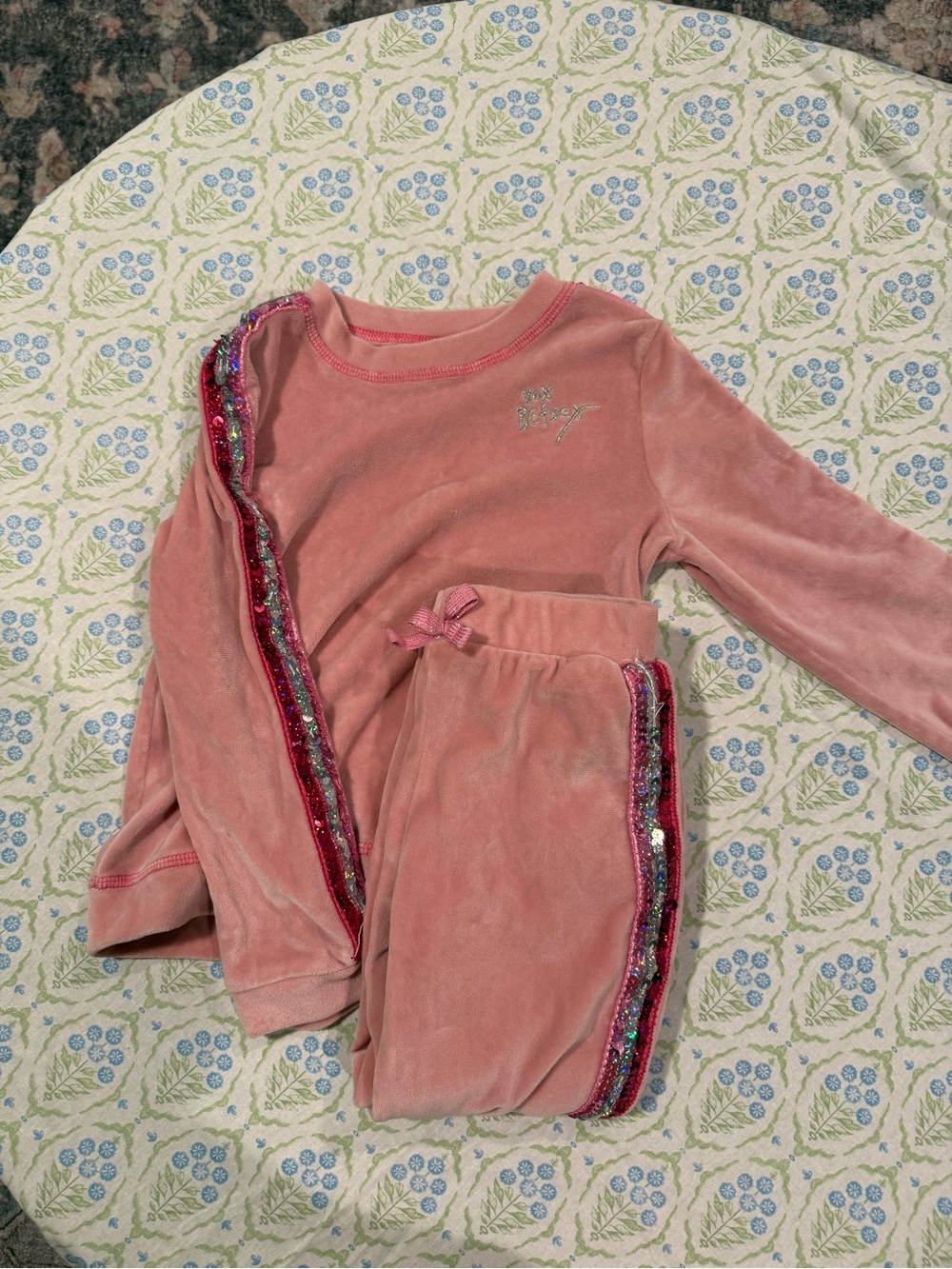 Betsey Johnson Pink Velvet Girls sweat suit Set with Sequin Trim